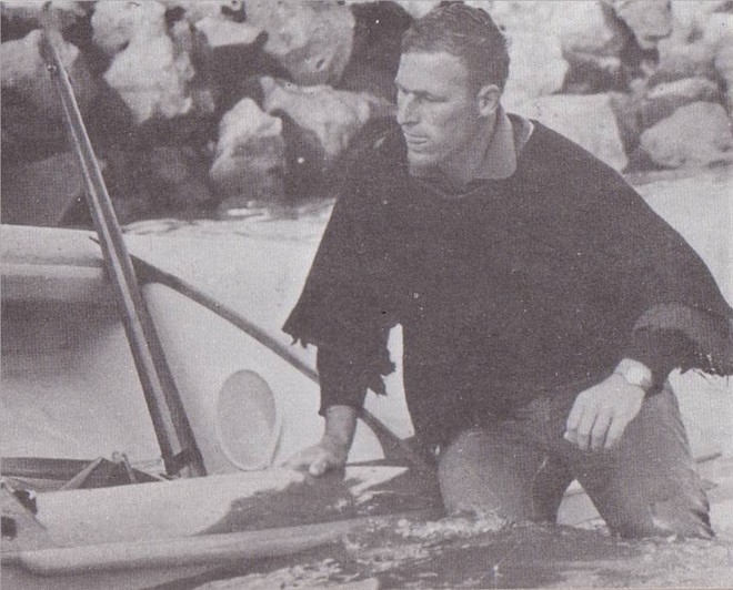 Clive Roberts alights after the 1974 Interdominions which he won at his home club of Takapuna - where he was also Commodore. © DB Yachting